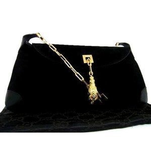 Tom Ford Gucci Black Suede Chain Link Shoulder Bag W. Golden Tiger Head Charm
